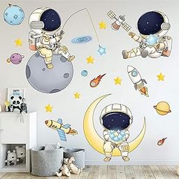 DREAM DECALS Astronaut Wall Stickers for Boys Bedroom, Cartoon Spaceman Outer Planet Creative DIY Art Vinyl Wall Decal, Star Spaceship UFO Glaxy Wallpaper Decor for Kid’s Room Nursery-image-73