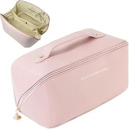 Leather Waterproof Makeup Bag for Women - Large Capacity Pouches for Women, Cosmetic Makeup Pouch with Compartments - Wide Opening Zipper - Travel Makeup Organizer Kit (Pink)-31
