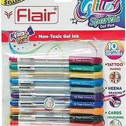 FLAIR Glitter Sparkle 1.0mm Gel Pen Blister Pack | Smooth & Perfect Writing Experience | Non-Toxic Fluid Gel Ink | Beautiful Transparent Body With Sparkles | Set of 10 Different Ink Colors-image-22