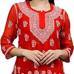 Hand Embroidered Lucknowi Chikankari Georgette Women's Short Top Tunic with Slip SCL9115-image-47