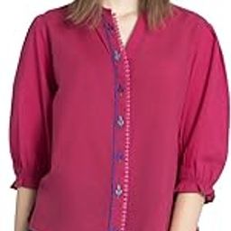 Band Collar Embroidered Three-Quarter Sleeves Casual Tops for Women-image-19
