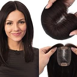 Miss Lirenn® 2 Clip (3.5 x 2.3 inch Silk Base) Light Weight, Middle Partition Hair Topper for Women with Thinning Hair 14.5 Inch Long Hair Extension for Women, Matte Finish - Brown Color-image-98