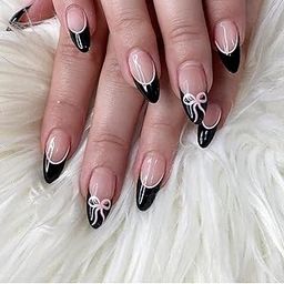 Nakhi 24 Reusable Artificial Fake Nail Set | Base Peach colour with Black tip with Baby Pink Bow Design Glossy Nails | Lightweight & Long Lasting | Quick Fix For Festivals & Special Occasions-18