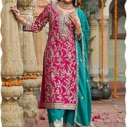 Womens Silk Blend Embroidered Straight Kurta Pant Dupatta Set (IEOUT10592)-33