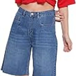 Women's Mid Blue High Rise Straight Leg Loose Denim Shorts-image-47