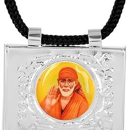 Silver Toned Shirdi Saibaba with Om Symbol Tabeez Taviz Tabiz Pendant Locket Temple Jewellery Men Women Teen Girls Boys-9