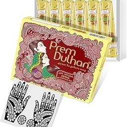 Prem Dulhan Natural Henna Mehandi Cones 12 Pcs Box with Stencils, Brown Mehendi Cones, for Bridal and Festivals, Easy Application, Flower Stencil, Yellow Box-32