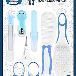 Kids Station 7 in 1 Grooming Kit for New Born Baby - Nail Cutter - Rounded Scissors - Baby Nail Filer - Tweezer - Baby Comb and Hair Brush - Unique Baby Shower Gift for Boys - Ideal for Travelling & Home Use - (Blue)-image-1