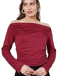 Slim Fit Solid Color Asymmetric Collar Pleated Cropped Top - Asymmetrical Neck, Ruched Design, Casual, Long Sleeve | Full Sleeve, Crop Length-image-23