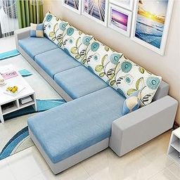 CASASTYLE Coral 5 Seater Fabric RHS L Shape Sofa Set (Light Blue-Light Grey)-13