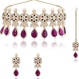 Elegant Indian Purple Choker Necklace Set for Women | Stones & Beads Jewellery with Earrings, Ring & Maangtikka | Ideal for Weddings, Festivals & Special Occasions-image-26