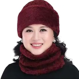 FabNext - 2 in 1 Knitted Middle Age Mother/Women/Ladies Pullover Cap Ear Protection Outdoor Wool Warm Windproof Hat/Cap with Scarf Maroon Color-image-62