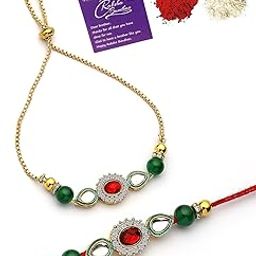 Traditional Gold Plated Kundan with Beads Rakshabandhan Lumba Rakhi for Brotherd Bhaiya Bhabhi with Roli Chawal & Greeting Card|Set of 2|CBRAKL107453-43