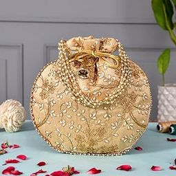 brown leaf (Pack Of 6) Ethnic Women's Embroidered Clutch Purse Pouch Drawstring Bag Wedding Favor Return Gifts For Guests (Golden)-image-13