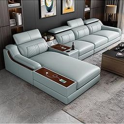 LUKRAIN Furniture L Shape Multi-Functional Modern Wooden Luxury Leather Sofa Set | 6 Seater Sofa Set Without Centre Table for Your Living Room | Office | Dining Room | Hall and Balcony (Cyan Grey)-97