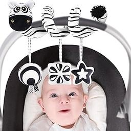 vocheer High Contrast Baby Toys for Newborn, Black and White Hanging Toy Car Seat Crib Move, Animal Circle Plush Stroller Toy, Squeak Travel Activity Wind Chimes 0-6 Months (Zebra)-6