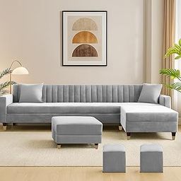 Casaliving Garcia RHS 8 Seater L Shape Sofa Set with Ottoman & 2 Puffy for Living Room (Grey) Premium Fabric Sofa Set-image-77