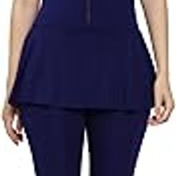 Women Color Block Knee Length One Piece Swimsuit with Removable Chest Pads Front Zipper Frock Style Design Swimming Costume-image-60