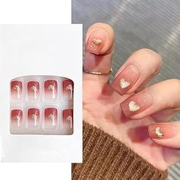 S.A.V.I 24 Pcs Gradient Pink Medium-Length Press-On Nails | Square Fake Nails with Golden Heart Design | DIY Nail Art Kit for Women | Natural Look, Durable | Perfect for Parties & Weddings-39