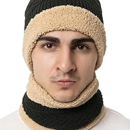 amoldo Winter Woolen Unisex Knit Beanie Cap and Neck Warmer Set with Fur Lining | Hat and Scarf Combo Set for Men and Women (Logo)-picture-48