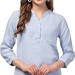 Women Solid Stand Collar Long Sleeve Shirt Casual Loose Blouse Button Down Tops Pocket Tops Regular Fit Kurta Design Top for Women's-image-39