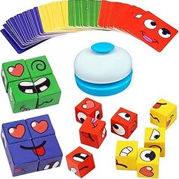 Face Changing Game Face Change Cube Game Expression Matching Block Puzzles Building Cubes Toy Educational Toy Family Board Games for Child & Adults 16 Wooden And Puzzles 72 Cards (with Bell)-8