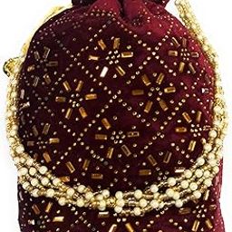 Velvet Evening Clutch with Pearl Beads and Gold Sequins, Burgundy-image-97