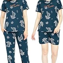 Night Suit for Women's Cheetah & Floral Printed Cotton Night Dress of Top,Pajama & Short's 3Pc'S Set 5733-image-8