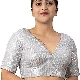 Women's Sequin Embroidered V Neck Elbow Half Sleeve Readymade Saree Blouse Indian Ethnic Designer Stitched Plus Size Top Padded Lavender Pink Blue Silver Black Gold Red Green | E1-8