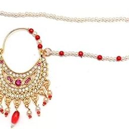 Traditional gold plated bridal jewellery nose ring pink stone nathiya jodha nath for girls and womens-image-41