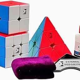 D ETERNAL Complete Beginner Bundle Cube Combo Set of 2X2 3x3 and Pyramid Pyraminx Triangle High Speed Stickerless Magic Cube Puzzle with Cube Stand Pouch Bag and Lube Oil Gift Box Set-2