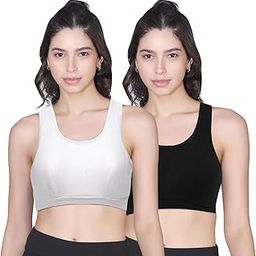 Essentials Sports Bra for Women, Cotton Non-Padded Full Coverage, Wire-Free T-Shirt Gym Workout Bra with Regular Broad Strap, Training Bra for Young Women (Pack of 2) Printed/Solid Bras-25