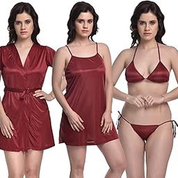 Womens Satin Nightwear Set of Nighty, Bathrobe, Bikini Lingerie Set-image-87