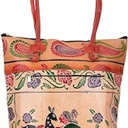 Shantiniketan Leather Shoulder bag | Traditional Printed Handbag for Women|14 inch Multicolor-image-42