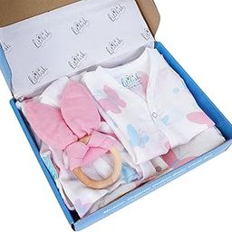 Litilish Newborn Baby Gift Set – 8 Essentials with Wooden Teether Soft Cotton Butterfly Print-3