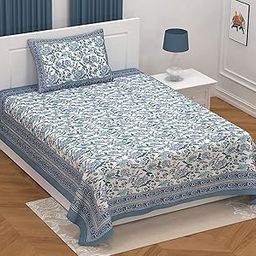 EasyGoods® 240 TC Cotton Bedsheet for Single Bed –Blue, Ethnic25 Bedsheet Single Size Bed Cotton, Single Size Bedsheet, Single Bedsheet with 1 Pillow Cover 59x88 Inch, Handcrafted Bed Sheets-image-58