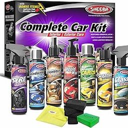 SHEEBA CAR KIT Complete Care for Interior & Exterior with Liquid Wax Polish, Leather Protectant, Tyre Shine, Scratch Reducer, Glass Clean, Foamy Shampoo, Windscreen Wash Towel & Applicator Pads.-image-5