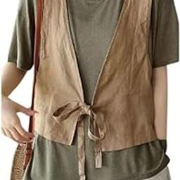 Women’s Cotton Linen Sleeveless Vest Solid Color Lace-Up Open Front Summer Top-image-33