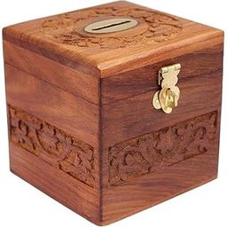 Skaffix Wooden Piggy Bank for Both Adults and Children Wooden Coin Box, Money Saver, Donation Box, Savings Box, Smart Money Box, and Coin Box with Carved Design-image-84