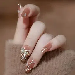 Secret Lives Acrylic Press on Nails Reusable Artificial Designer Fake Nails Extension Translucent Nude with Pearls Glitter & 3D Bow 24 Pieces Set with Kit-picture-10