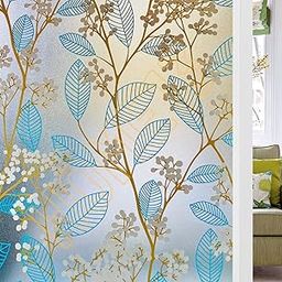 HOME13 Blue Leaf Frosted Window Film Anti UV Privacy Self Adhesive Window Glass Sticker for Home & Offie (16"x50" Inch, Blue Leaves Frosted)-image-25
