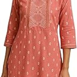 Women's Cotton Printed Midi Dress, 3/4 Sleeves, Coral Pink with White Embroidery, Square Neck-picture-21