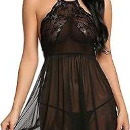 Women's Sheer Mesh & Lace Solid Midi Babydoll Nightwear-picture-13