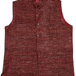Handloom Handmade Men's Traditional Textured Khadi Nehru Jacket, Maroon Button-Front Waistcoat with Pockets-image-63