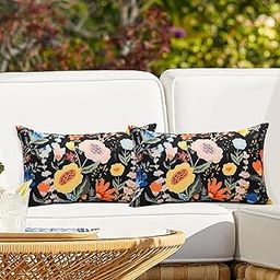 Virexen Pack of 2 Waterproof Outdoor Throw Pillow Covers 12x20 Inch Colorful Floral Summer Spring Garden Decorative Square Patio Pillows Outdoor Pillows Covers for Patio Furniture(FS-05 Black Flower)-image-45
