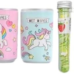 Tennessine, Cute Unicorn Wet Wipes Canister & Strawberry Eraser Set | Portable Travel Wipes & Fun Erasers for Kids | Back to School & Party Favors-image-61