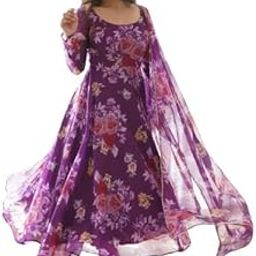 Digital Floral Printed Georgette Anarkali Gown for Women, Round Neck Long Sleeve, Perfect for Festival, Party and Wedding, Purple-image-19