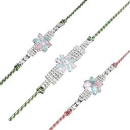 Premium Handcrafted AD Diamond Rakhi Set of 5 for Brother, Colourful Pure Cotton Thread Festive Bracelet Style Designer Combo Rakhi with Roli Chawal and Rakshabandhan Greeting Card-10-picture-16