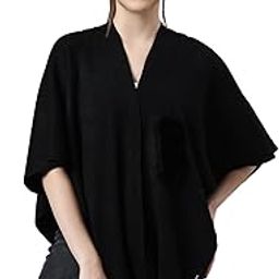 Women's Solid Shawl Collar Three-Quarter Sleeves Black Regular Sweater-CHN-9904_Black-image-8