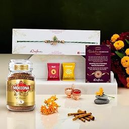 eCraftIndia Rakhi Gift Hamper | Om Peacock Feather Religious Designer Rakhi for Brother | Moccona Classic Medium Roast Instant Coffee | Raksha Bandhan Greeting Card | Roli Chawal Pack-image-9